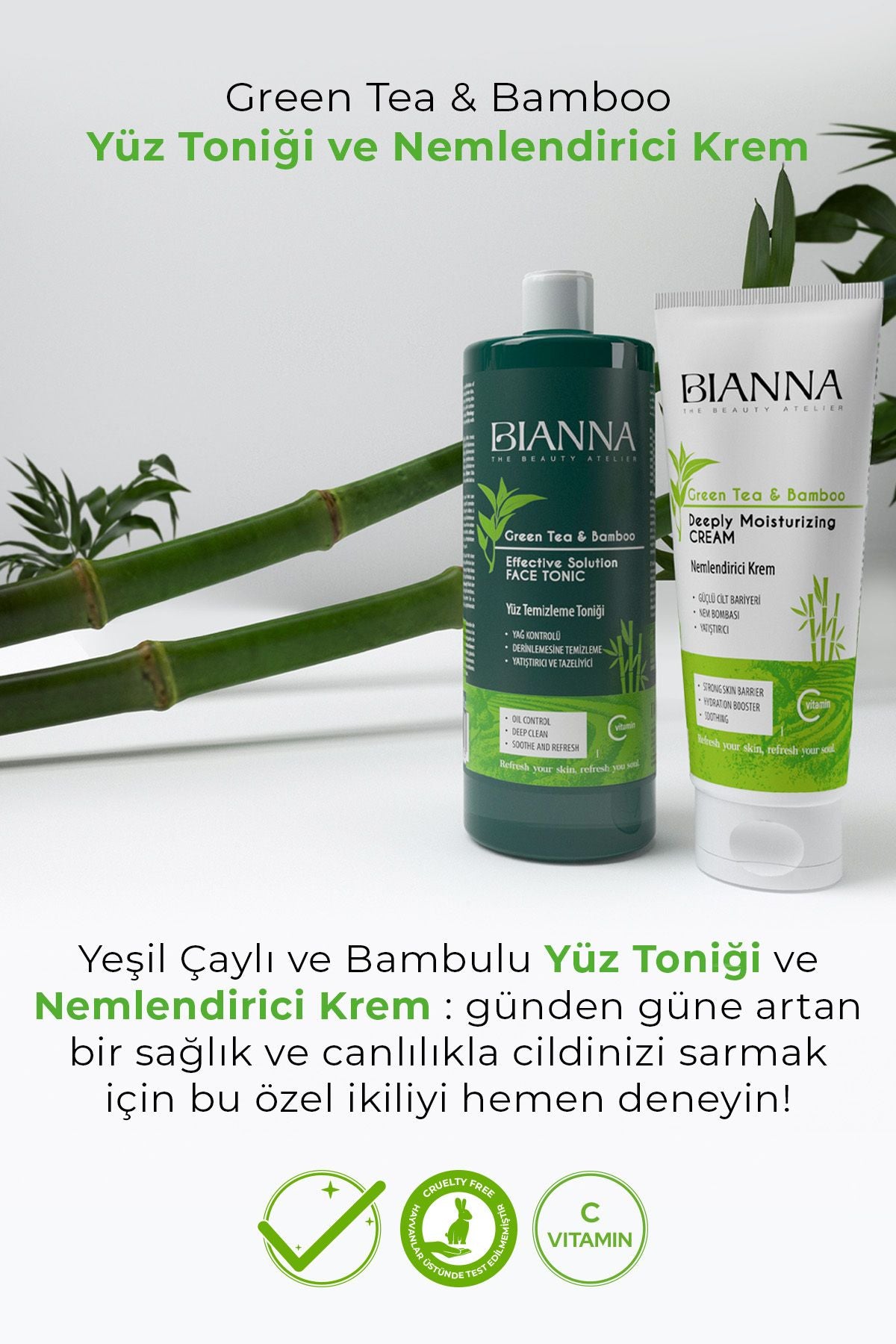 Bianna Yüz Toniği ve Nemlendirici Cilt Bakım 2'li Set C Vitaminli Bambulu ve Yeşil Çay Özlü | Dora Kozmetik