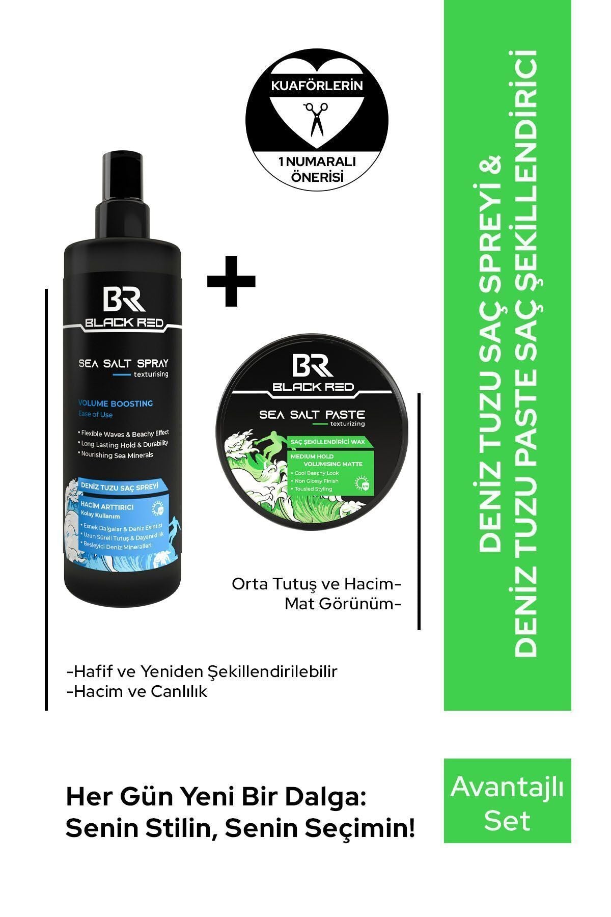 Black Red Saç Deniz Tuzu Spreyi - Sea Salt Spray & Wax Saç Şekillendirici Mat Wax Sea Salt Paste - 2'li Set | Dora Kozmetik