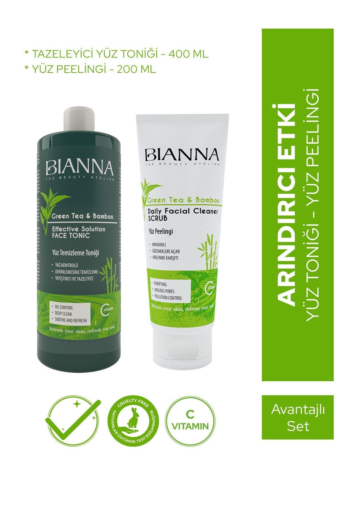 Bianna Yüz Toniği ve Yüz Peelingi Cilt Bakım 2'li Set C Vitaminli Bambulu ve Yeşil Çay Özlü | Dora Kozmetik