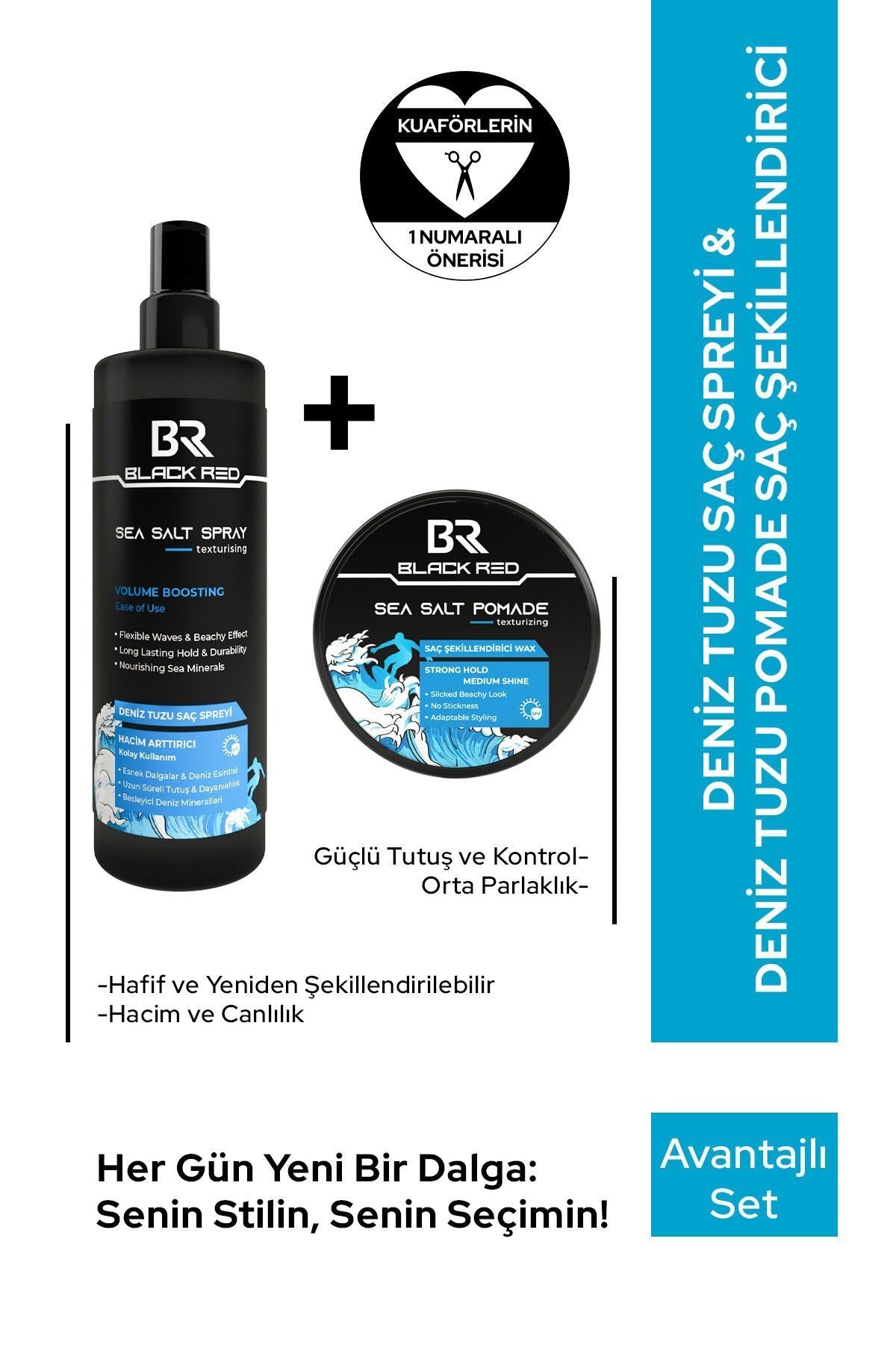 Black Red Saç Deniz Tuzu Spreyi - Sea Salt Spray & Wax Saç Şekillendirici Wax Sea Salt Pomade - 2'li Set | Dora Kozmetik