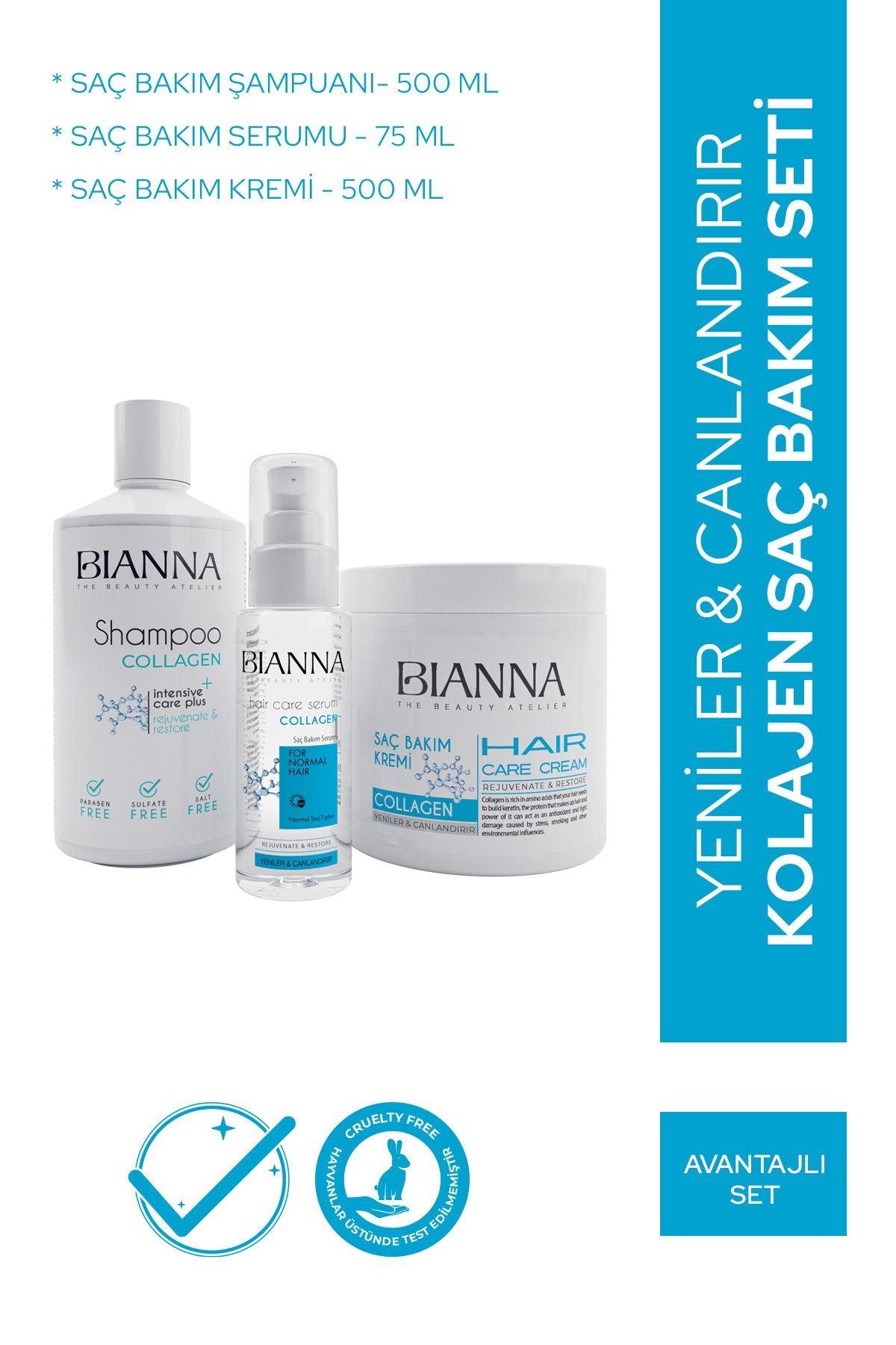 Bianna Collagen 3'lü Saç Bakım Seti - Şampuan - Serum - Krem | Dora Kozmetik