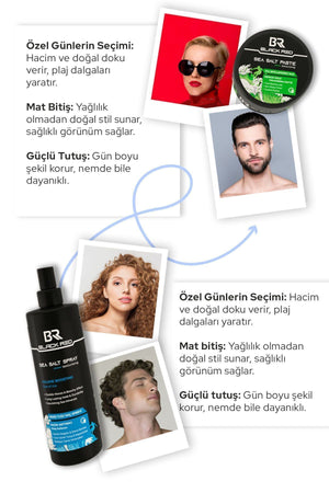 Black Red Saç Deniz Tuzu Spreyi - Sea Salt Spray & Wax Saç Şekillendirici Mat Wax Sea Salt Paste - 2'li Set | Dora Kozmetik