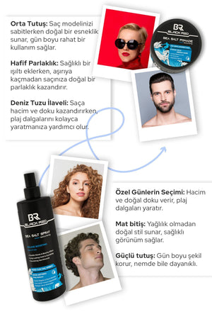 Black Red Saç Deniz Tuzu Spreyi - Sea Salt Spray & Wax Saç Şekillendirici Wax Sea Salt Pomade - 2'li Set | Dora Kozmetik