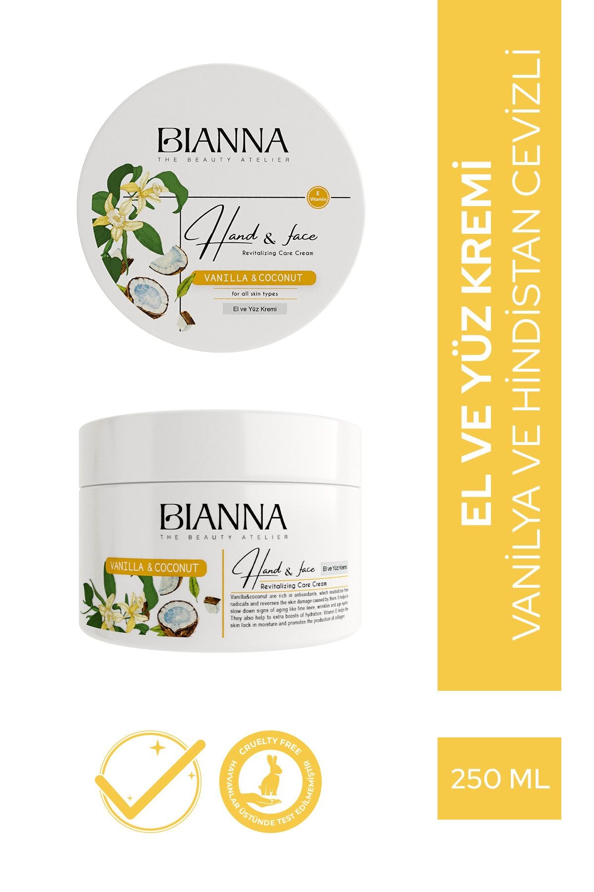 Bianna Vanilya ve Hindistan Cevizli El ve Yüz Kremi - 250 ml | Dora Kozmetik