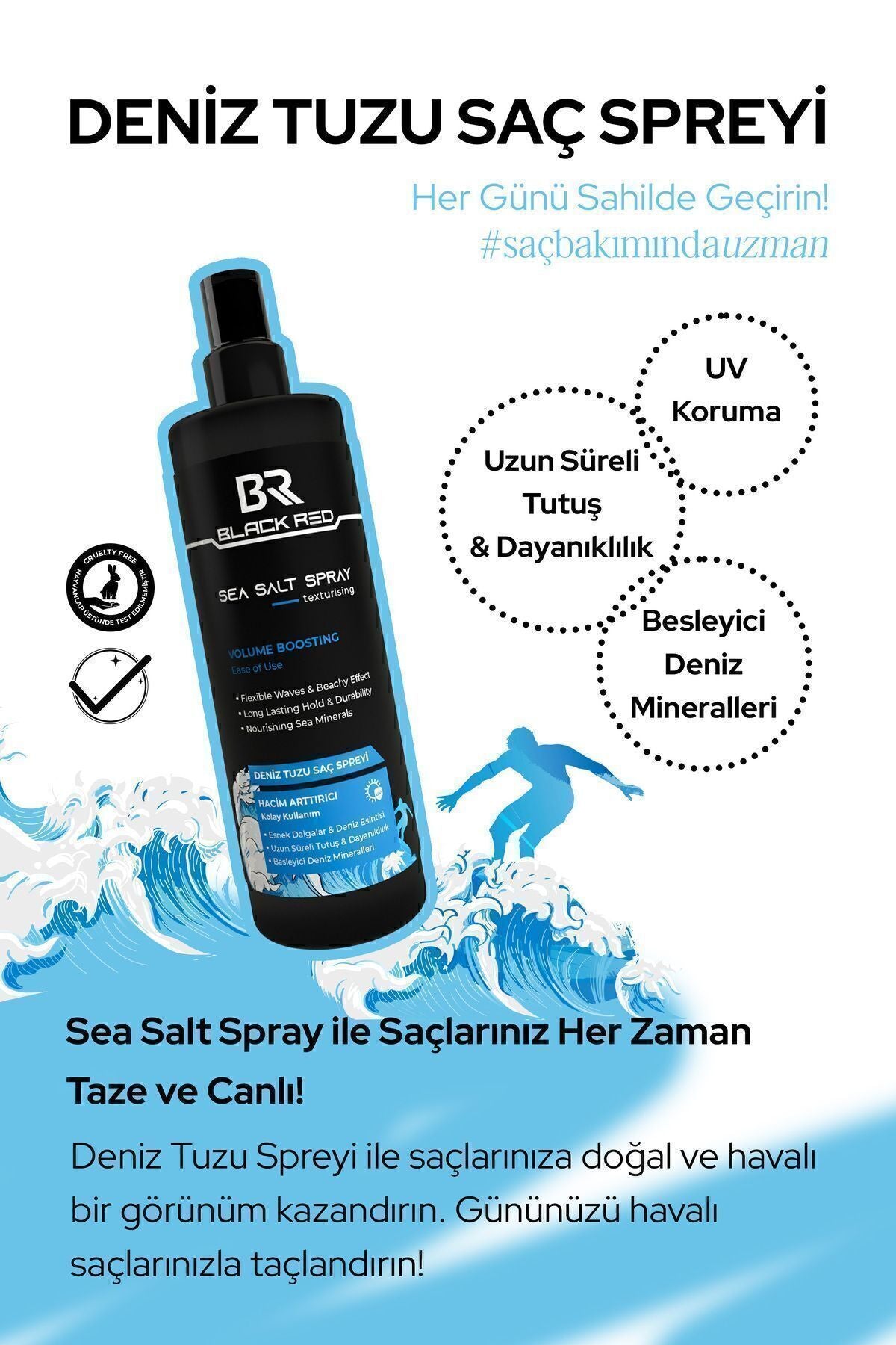 Black Red Saç Deniz Tuzu Spreyi - Sea Salt Spray Orta Tutuşlu Hacimlendirir Anti Uv Saç Şekillendirici | Dora Kozmetik