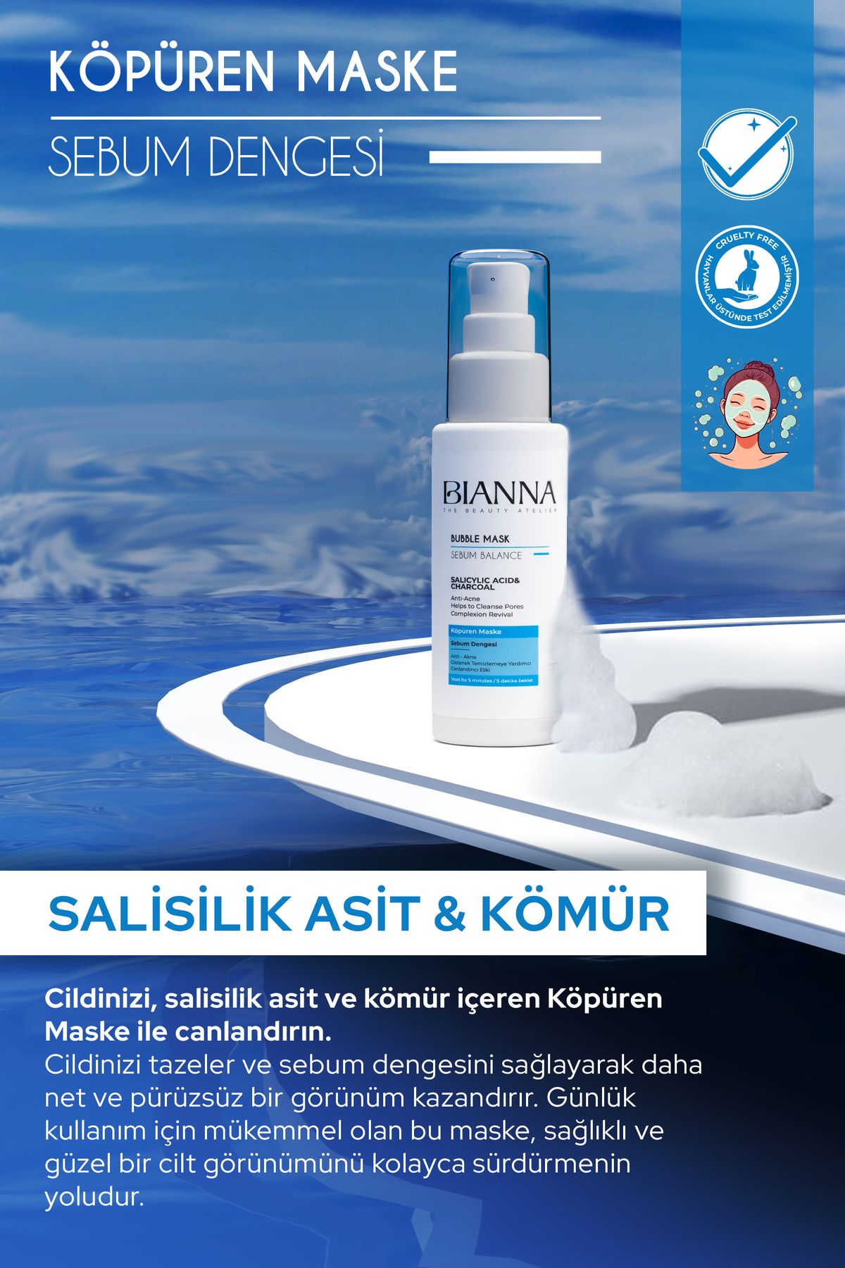 Bianna Bubble Mask Salisilik Asit&Kömür - Anti Akne Köpüren Maske - 75 ml | Dora Kozmetik