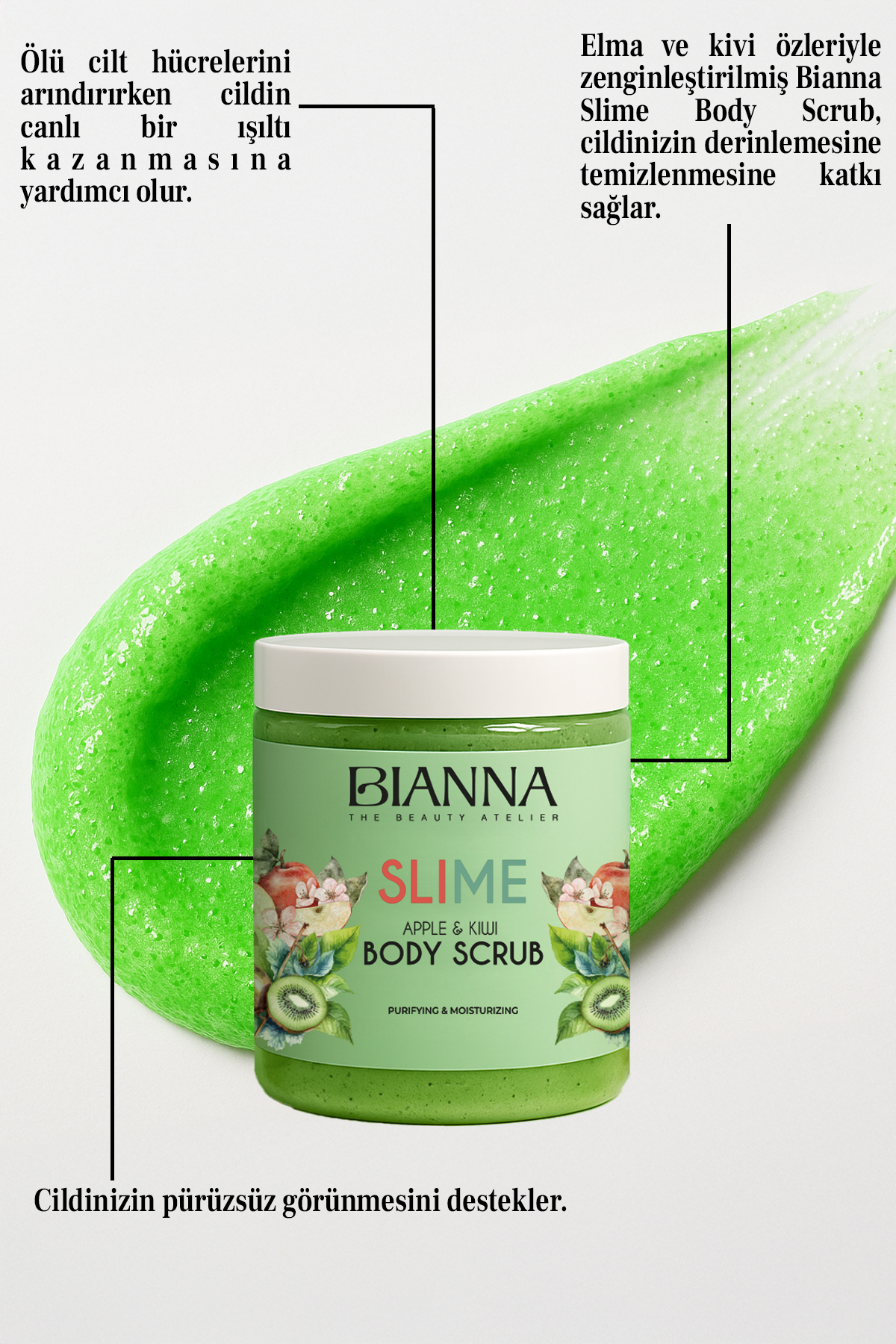 Bianna Elma & Kivi Özlü Slime | Arındırıcı & Nemlendirici Slime Vücut Peelingi | 260 GR